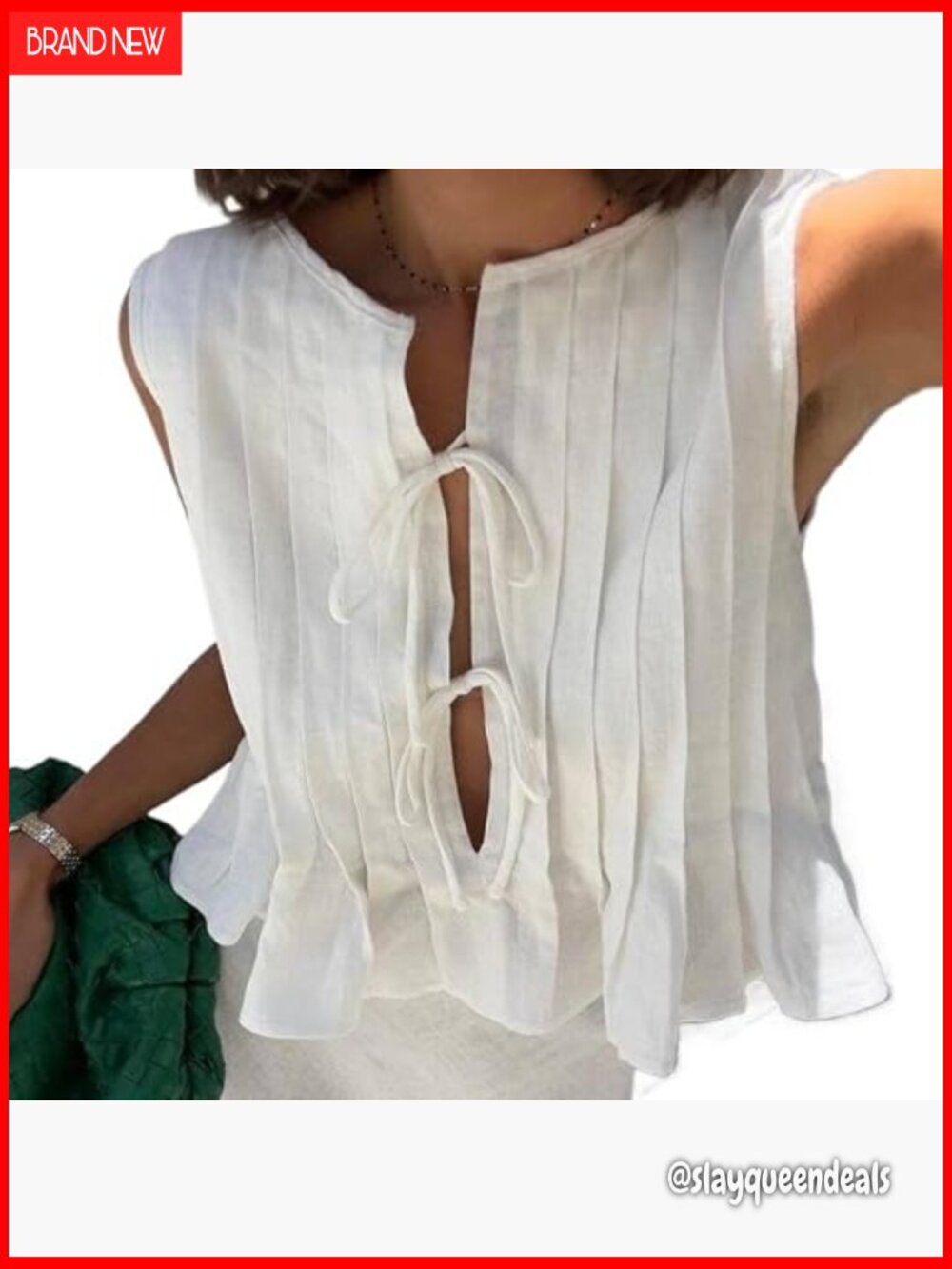 Linen Bow Tie Front Tank Top Women Coquette Pleated Peplum Blouse
